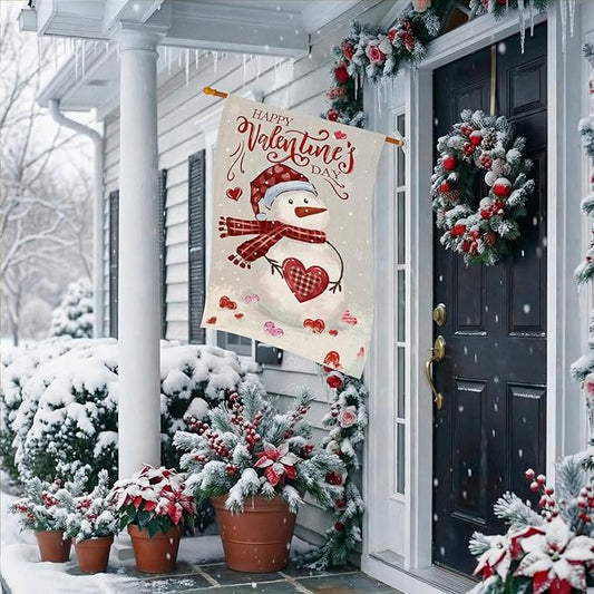 Happy Valentine’s Day House Flags for Outdoor Decoration, Watercolor Snowman with Love Hearts Large Yard Flag,Seasonal Decorative Decor for Holiday Anniversary Wedding Outside 28x40 Inch Double Sided