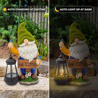 Olekki Christmas Garden Gnomes Outdoor - Flocked Gnome Statue Holding Lantern with Solar LED Lights | Gnomes Garden Decorations for Patio, Yard, Lawn Ornaments - Gnome Gifts