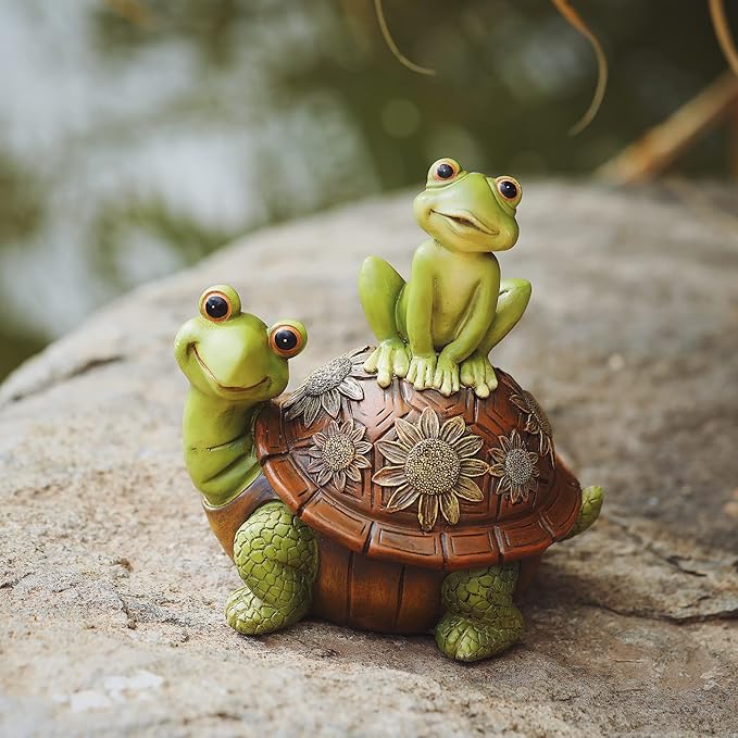 Resin Frog and Tortoise Garden Statue, Green Frog Tortoise Figure for Outdoor Decor Yard and Garden Decoration Resin Sculpture (Frog and Tortoise)