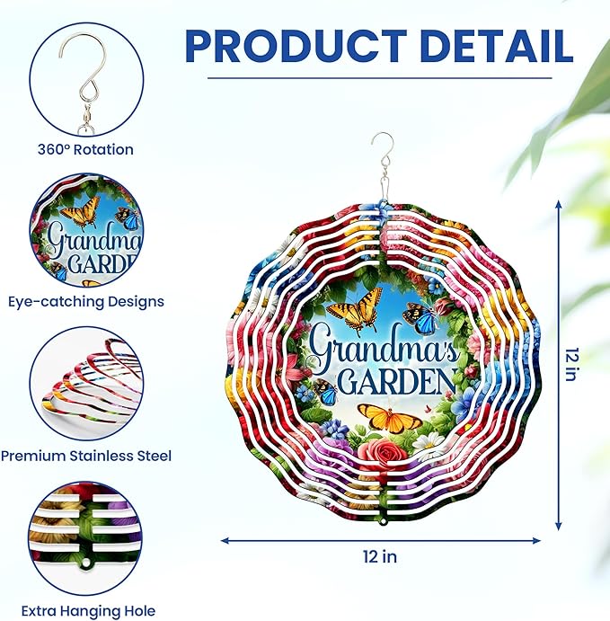 FLAGWIX Gifts for Grandma - Nana's Garden 3D Stainless Steel Metal Wind Spinners 12 in - Gardening Grandma Birthday Gifts for Women Nana Gigi, Grandmother Gift Ideas