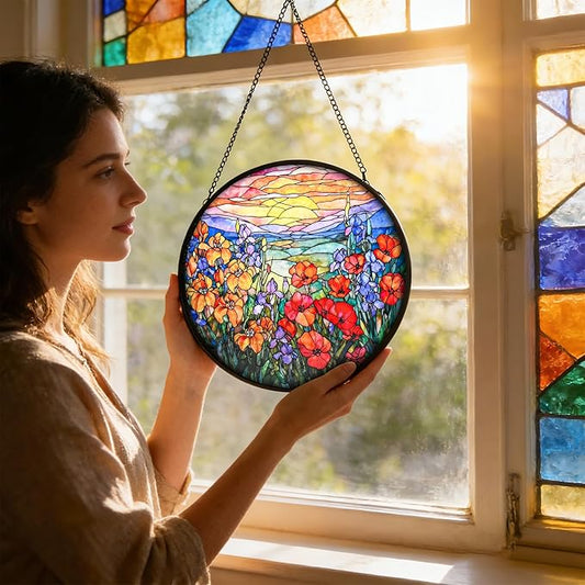 Stained Glass Window Hanging, Flower Sun Catcher for Door Terrace Garden Kitchen Home Decor, Mountain and Sunset Suncatchers for Mother's Day Birthday Gifts for Women Men Dad Mom Nana Wife 9.8 in