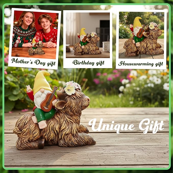 Spring Garden Paly The Violin Gnome Highland Cow Solar Statues, Summer Gnome Outdoor Resin Sculpture Decor for Home Table Patio Lawn Yard Porch Balcony, Housewarming