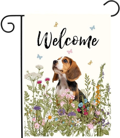Spring Summer Garden Flag Floral Beagle Yard Flag Flower Dog Garden Flags for Outside Small Outdoor Welcome Flags 12x18 Double Sided