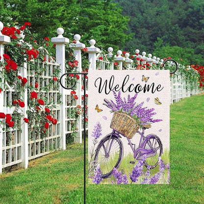 Artofy Welcome Spring Summer Bike Small Decorative Garden Flag, Bicycle Lavender Flower Floral Yard Lawn Outside Decor, Seasonal Butterfly Burlap Outdoor Home Decoration Double Sided 12 x 18