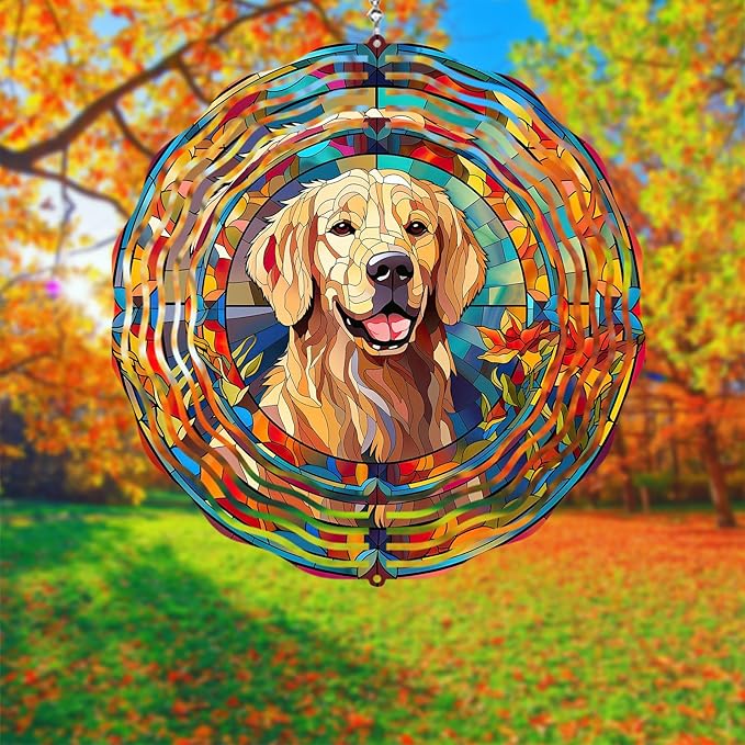 Golden Retriever Wind Spinner Pet Dog Memorial Gifts, Vibrant 3D Kinetic Aluminum Metal Hanging Outdoor Garden Decor, Loss of Dogs Sympathy Gifts, 8" Wind Sculptures for Patio, Porch Yard Art (GR5)