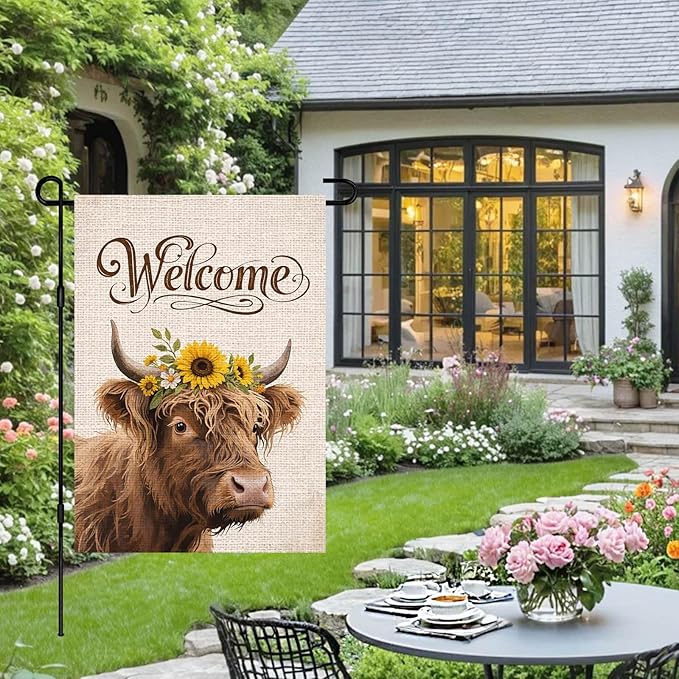 IVN Highland Cow Garden Flag 12x18 Inch – Welcome Burlap Flag with Sunflower Crown, Double Sided Outdoor Yard Flag for Porch Lawn Patio Decor