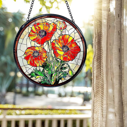 kdqua Poppy Flower Suncatcher Stained Glass Window Hanging, Poppy Flower Gifts Sun Catchers Indoor Window Glass Round Wall Decor, Orange Floral Wall Art Hanging Decorations Statues, 7.9x7.9in