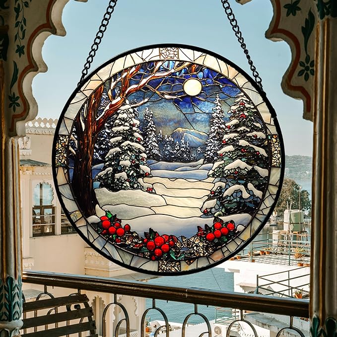 DASTOLL Stained Glass Window Hanging Christmas Tree Winter Snow Night Scenery 7.8" - Suncatcher Door Garden Kitchen Sun Catcher Home Decor Birthday for Mom Men Woman Friend
