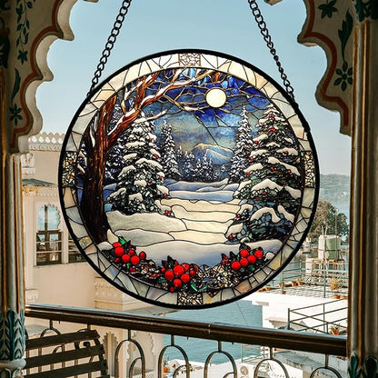 DASTOLL Stained Glass Window Hanging Christmas Tree Winter Snow Night Scenery 7.8" - Suncatcher Door Garden Kitchen Sun Catcher Home Decor Birthday for Mom Men Woman Friend