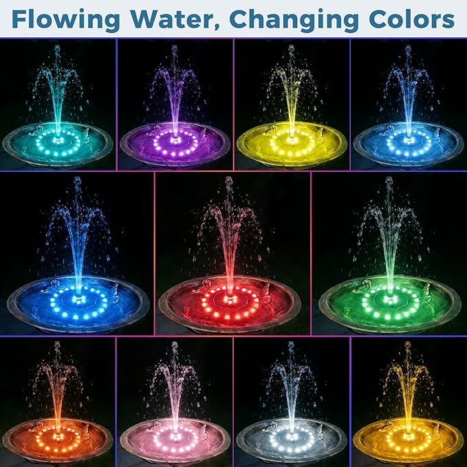 Solar Fountain for Bird Bath with Colorful LED Lights, Floating Solar Fountain, 3W Solar Powered Water Fountain Pump with Strong Spray & 5 Nozzles for Garden, Pond, Pool, 26 LED Lights