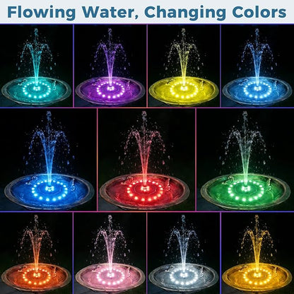 Solar Fountain for Bird Bath with Colorful LED Lights, Floating Solar Fountain, 3W Solar Powered Water Fountain Pump with Strong Spray & 5 Nozzles for Garden, Pond, Pool, 26 LED Lights