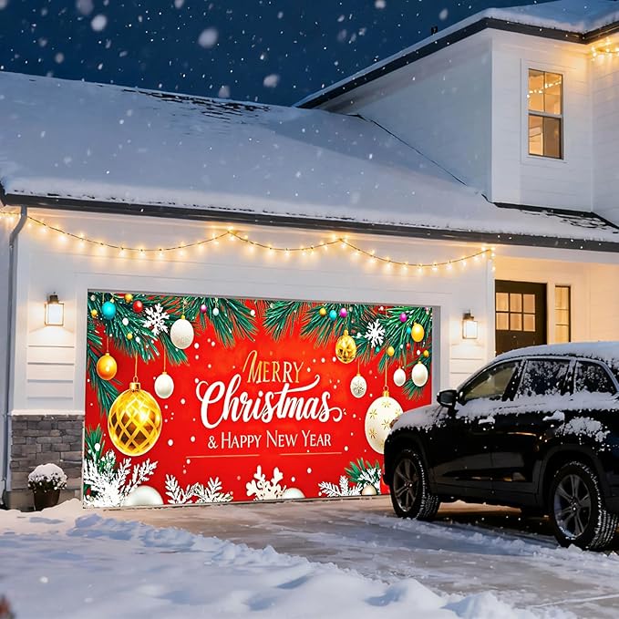 IVN Christmas Garage Door Cover Decoration 13x6ft Gold and White Baubles Red Snowflake Design Merry Christmas Winter Garage Door Banner Home Door Front Yard Decor for Xmas Eve Holiday Outdoor