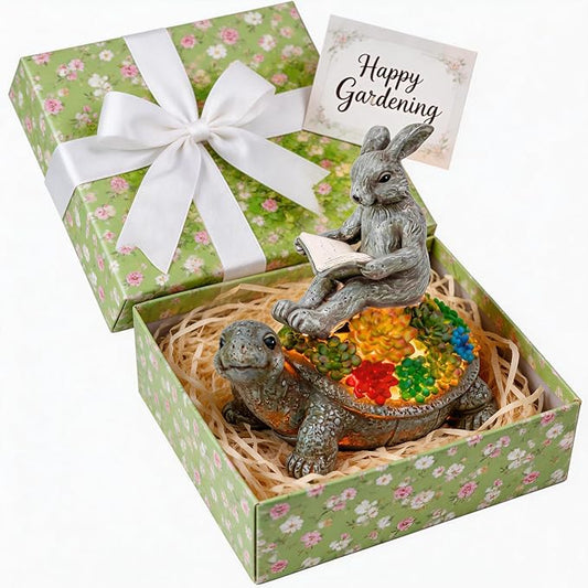 TERESA'S COLLECTIONS Garden Decor, Rabbit Turtle Garden Decor, Cute Bunny and Tortoise with Solar Light, Waterproof Resin Garden Statue, Rabbit Turtle Gifts, Birthday Gifts for Women Mom 6.3"