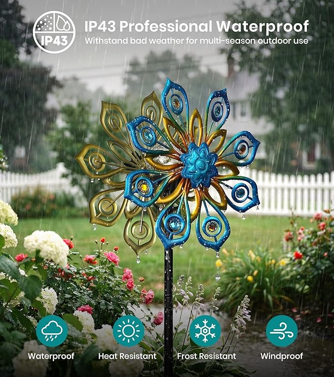 Solar Wind Spinners Outdoor, 63x13 Inch Double Layer Metal Wind Spinner with Crackle Glass Ball, Built-in Solar Panel, Peacock Feather Kinetic Yard Art with LED Light for Garden Decor