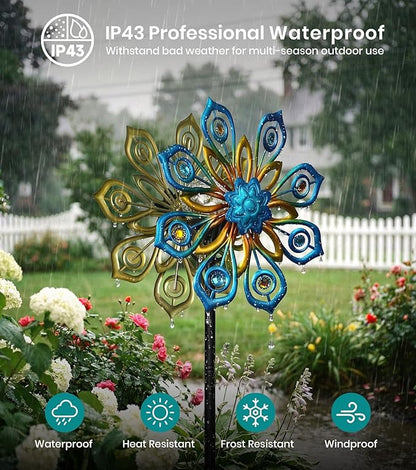 Solar Wind Spinners Outdoor, 63x13 Inch Double Layer Metal Wind Spinner with Crackle Glass Ball, Built-in Solar Panel, Peacock Feather Kinetic Yard Art with LED Light for Garden Decor
