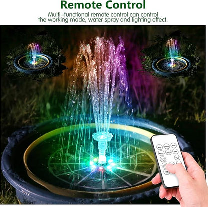 AISITIN 5.5W Solar Fountain Bird Bath with LED Colorful Lights & 3000mAh Battery, Remote Control Solar Pump for Fountain with 8 Nozzles, Solar Water Pump for Garden, Pond and Outdoor
