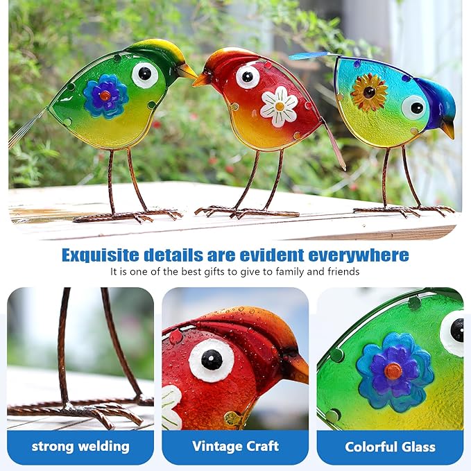 LEGIFO Bird Garden Decor for Outside, Glass & Metal Yard Art Decorations Outdoor Decor for Patio Backyard, Gift for Women Grandma Mom（3 Pack）