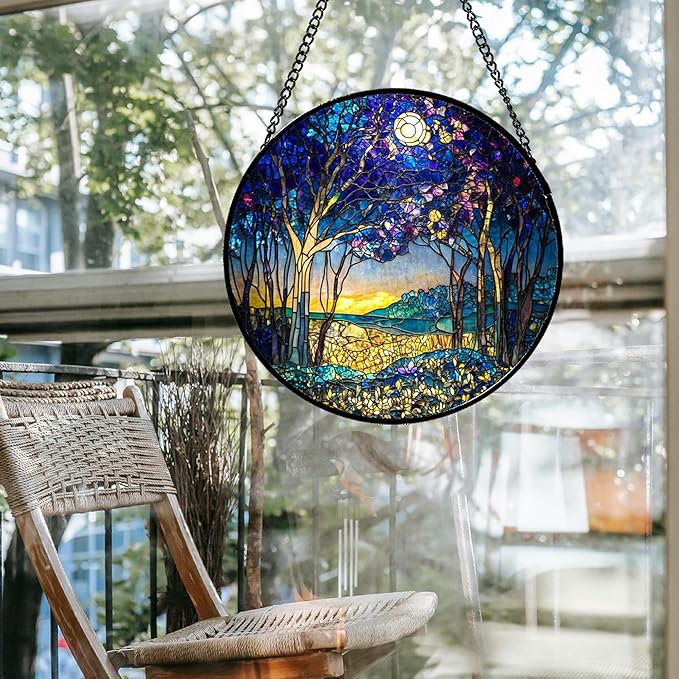 Stained Glass Window Hanging Blue Purple Forest Trees Landscape Moon 9.8" - Suncatcher Door Garden Sun Catcher Home Decor Birthday Christmas for Mom Men Woman Nana