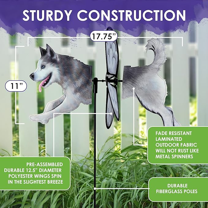 Premier Kites Petite Spinner Husky – Whimsical Wind Spinner for Yard & Garden, Durable Weather-Resistant Fabric, Easy to Assemble, Outdoor Decor for Patios, Lawns, and More
