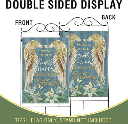 Artofy Memorial Forever in Our Hearts Wings Large Decorative House Flag, Happy Heavenly Birthday Lily Cemetery Yard Garden Outside Decor, Farmhouse Burlap Outdoor Home Decoration Double Sided 28 x 40