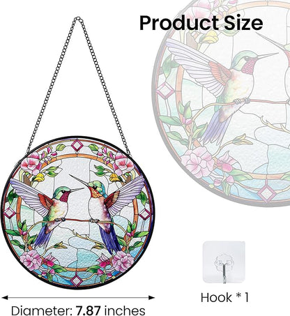 AELS Stained Glass 7.87" Round Suncatcher, Colorful Sun Catcher for Home Garden Window Decor, Window Hanging Ornament Gift for Friends and Family, Pink Feathered Hummingbird