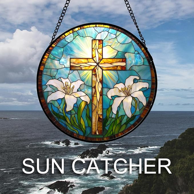 DASTOLL Christian Gifts for Women - Cross Stained Glass Window Hanging Jesus Easter White Lily Flower Sun Catcher Garden Religion Decor Mother's Day Catholic Gift for Men Grandma Mom Her Nana 7.8"