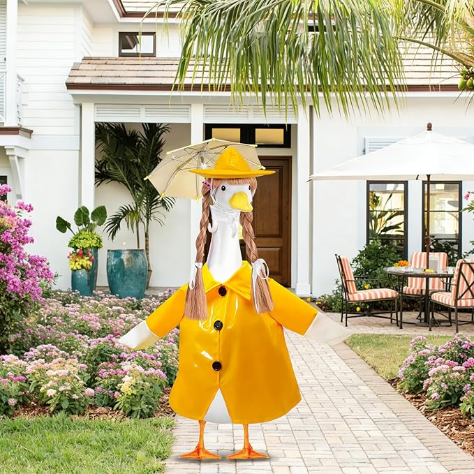 4 Pcs Porch Goose Raincoat with Wigs, Outfits and Clothes, Spring Summer Goose Statue Raincoat Costume, 23" Geese Statue Clothes for Patio Yard Lawn Outdoor Decor (Yellow)