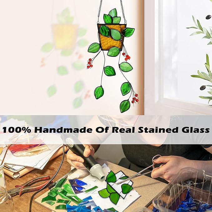 Plant Stained Glass,Stained Glass Window Hanging,Real Handmade Suncatcher,Artificial Green Plants Decor for Women Mom Grandma Plant Lovers,Sun Catcher for Home Windows