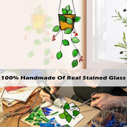 Plant Stained Glass,Stained Glass Window Hanging,Real Handmade Suncatcher,Artificial Green Plants Decor for Women Mom Grandma Plant Lovers,Sun Catcher for Home Windows