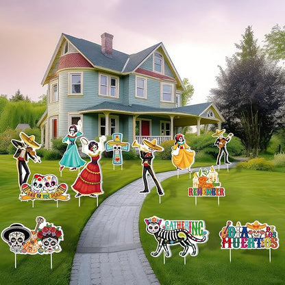 Amyhill 12 Pcs Day of the Dead Yard Decorations Halloween Outdoor Signs Decorations Dia De Los Muertos Decor Sugar Skull Sign Waterproof Mexican Fiesta Festival Party Supplies for Garden Lawn Patio