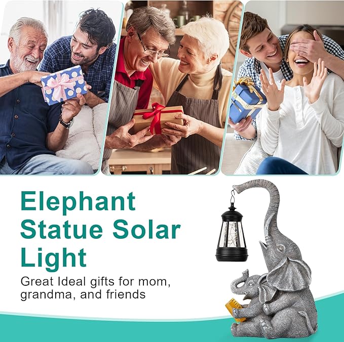 ZQQLITE Solar Elephant Statue LED Lights Garden Decoration, Outdoor Statue Lights Patio Art Lawn Porch Deck Balcony Decoration - Birthday, Options for Mom, Lady Lover