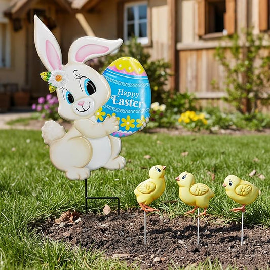 4PCS Spring Rabbit Metal Yard Decorations Stakes, Grandmas Garden Easter Holiday Yard Decoration Outdoor Stakes, Memorial Personalized Unique Garden Gifts Women for Grandma Statue
