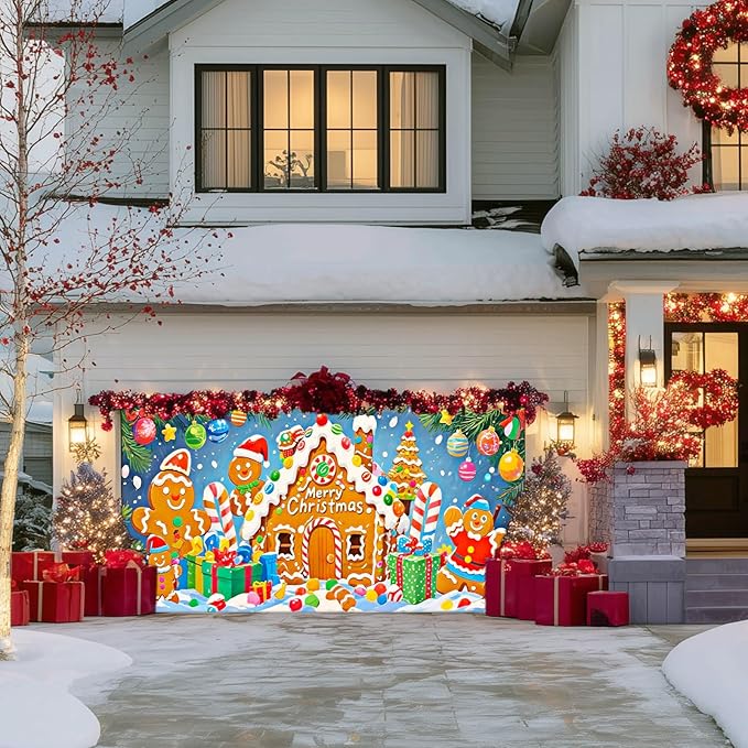 IVN Merry Christmas Garage Door Banner 13x6ft Festive Backdrop Gingerbread House Photo Prop Background for Joyful Holiday Yard Door Cover Background Outdoor Winter Scene