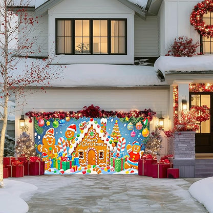 IVN Merry Christmas Garage Door Banner 13x6ft Festive Backdrop Gingerbread House Photo Prop Background for Joyful Holiday Yard Door Cover Background Outdoor Winter Scene
