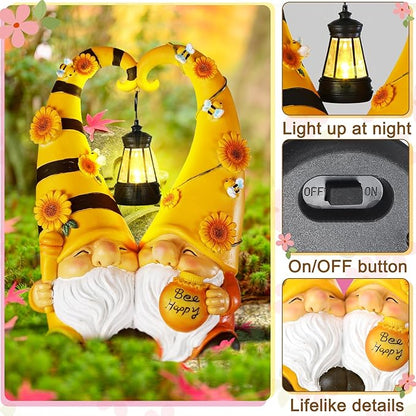 Kathfly Solar Spring Gnome Statue 11.8 Inches Garden Resin Sunflower Bee Gnome Statue with Solar Lights Double Cute Gnomes Statues for Mother' Day Birthday Gift Yard Patio Lawn Porch Decor