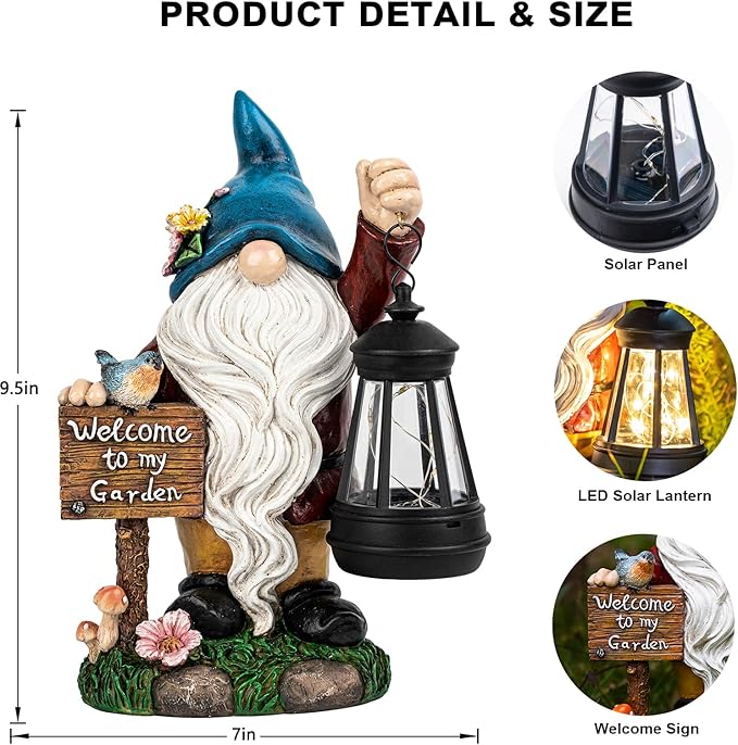 ZQQLITE Garden Gnome Statues Figurine Lights - Solar Powered Lighting Outdoor Decorations with Lantern & Welcome Sign, Yard Art Lawn Ornaments for Porch Patio Balcony - Gnome Gifts for Women Mom
