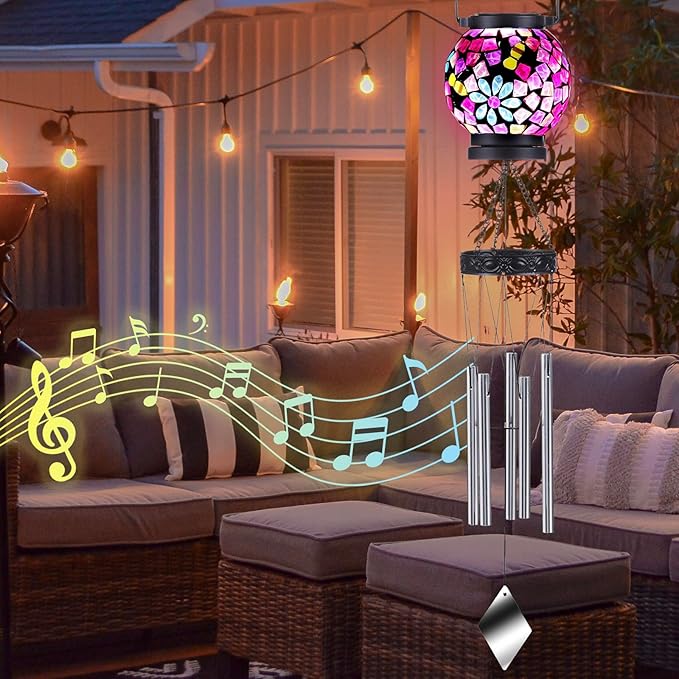 VOREEN Solar Wind Chimes for Outdoor, Handmade Mosaic Glass Solar Light Outdoor Waterproof Lantern, Gift for Mom Wife Friend, Window Decor for Patio Yard Balcony, with Flowers & Bees, 29" Pink
