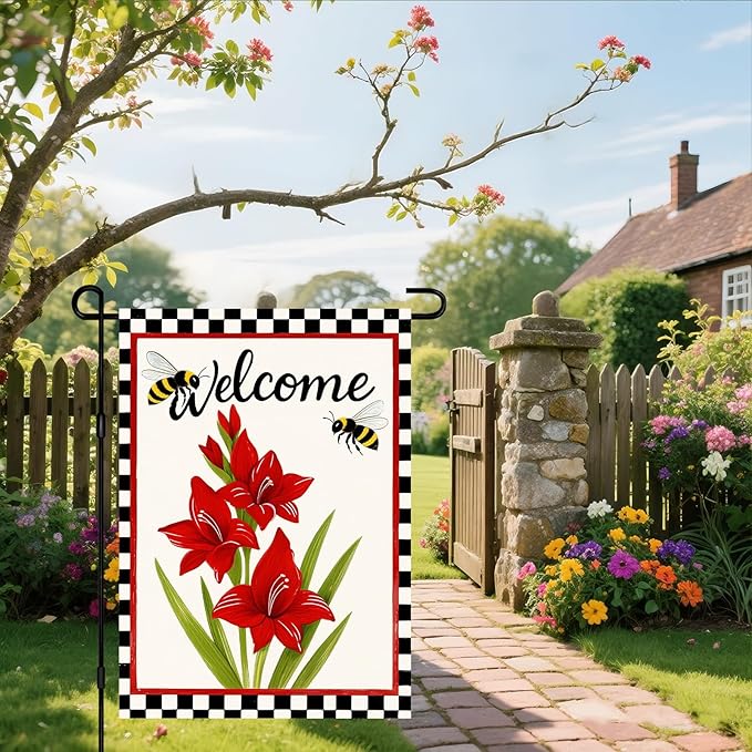 IVN Welcome Garden Flag 12x18 Inch Double Sided Spring Summer Garden Yard Flags Red Amaryllis Flowers Bees Decorative Small Flags for Outdoor Seasonal Front Door Lawn Porch Patio Decor Yard Flag