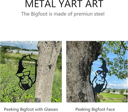 Peeping Bigfoot Metal Yard Art, Garden Branch Peeking Yeti Decor, Outdoor Metal Bigfoot Tree Hugger Decorations, Sasquatch Face for Outdoor Decorations, Set of 2