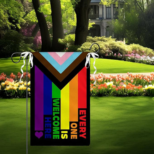 Progress Pride Rainbow Garden Flag Every One Is Welcome Here Yard Flag LGBTQ Gay Lesbian Bisexual Non Binary Transgender House Flag All Inlcusive Vivid Color Garden Flags 12x18 Inch