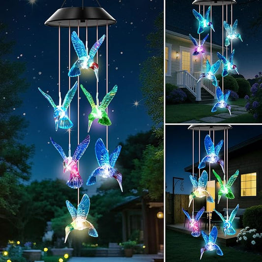 WENANA Blue Hummingbird Solar Wind Chimes Color Changing Lights Outdoor, Best Gifts for Mom Grandma Women Wife Aunt Daughter Sister, Unique Mobile Wind Chime, Gardening Yard Decorations