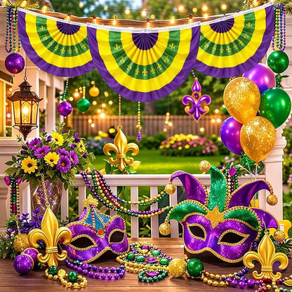 4Pack Graduation Decorations & Mardi Gras 2x4Ft Bunting Flag Purple Green Gold Bunting Banner Party Decor for Fence Porch Outdoor, Class of 2026 Graduation Party Supplies