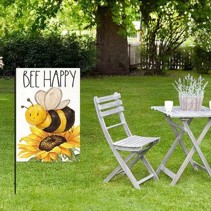 BEE HAPPY Garden Flags for Outside, Summer Watercolor Bee with Sunflower Yard Decoration, Small Seasonal Outdoor Decor for Farmhouse Holiday,12x18 Inch Double Sided
