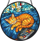Orange Cat Stained Glass Window Hanging, Sleeping Cat Sun Catchers Indoor Window Round Glass Wall Art Decor, Kitten Suncatcher Wall Hanging Decorations, Lawn Care