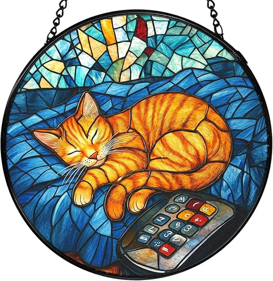 Orange Cat Stained Glass Window Hanging, Sleeping Cat Sun Catchers Indoor Window Round Glass Wall Art Decor, Kitten Suncatcher Wall Hanging Decorations, Lawn Care