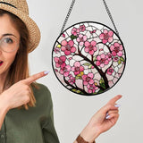 Stained Glass Window Hanging - Cherry Blossoms Birth Flower Suncatcher for Door Garden Patio Sun Catchers Decor Christmas Mother's Day Birthday Gifts for Women Mom Nana Friend Wife 7.8 in