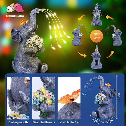 Solar Garden Elephant, Lights Watering Decor, Animal Statue Outdoor, Fairy Garden Accessories,Patio,Yard,Balcony Decorations, Lawn Ornament, Housewarming, Birthday,Mothers Day Mom Gifts