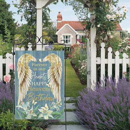 Artofy Memorial Forever in Our Hearts Wings Large Decorative House Flag, Happy Heavenly Birthday Lily Cemetery Yard Garden Outside Decor, Farmhouse Burlap Outdoor Home Decoration Double Sided 28 x 40