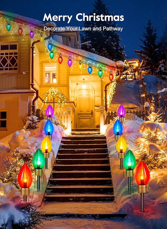 Moonflor Jumbo C9 Christmas Pathway Lights Outdoor - 8.5 Feet 5 LED C9 Walkway Light, C7 Light Covered Jumbo Multicolor Bulb Christmas Lights Outdoor Decorations for Lawn Holiday Outside Yard Garden