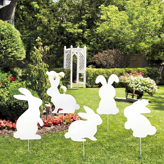 5 Pcs Metal Easter Yard Decorations Outdoor Easter Bunny Yard Signs with Stakes Cute Spring Rabbit Decorative Lawn Signs for Indoor Outdoor Garden Pathway Walkway Spring Holiday Party Decor